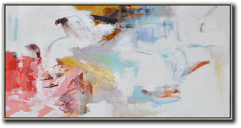Extra Large 72" Acrylic Painting,Hand Painted Panoramic Abstract Art On Canvas,Abstract Painting Modern Art,White,Grey,Pink,Red,Earthy Yellow.etc